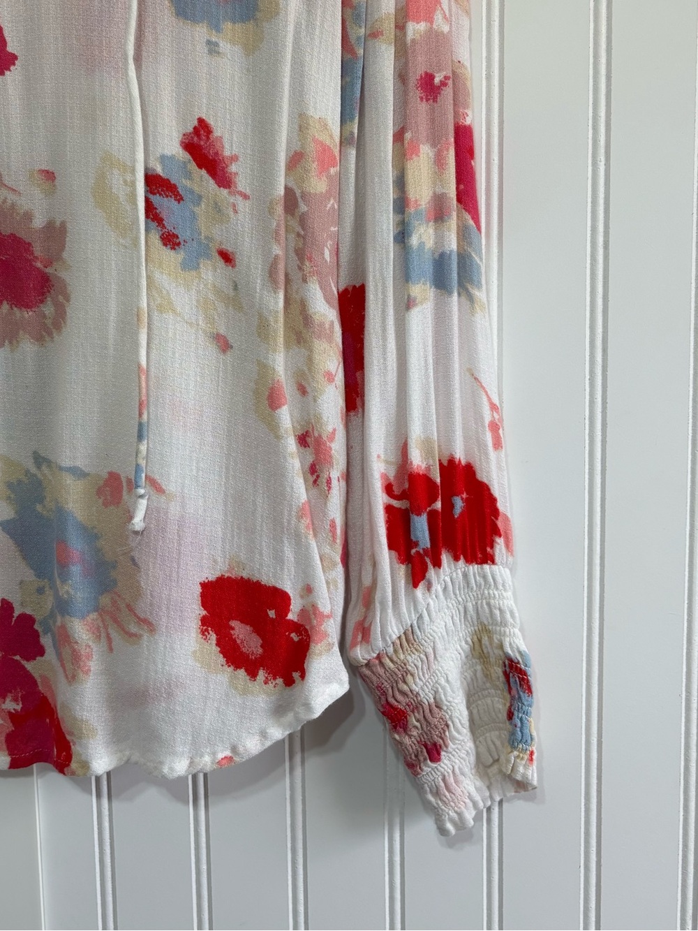 Lucky Brand Floral Peasant Blouse Top Boho Tie Neck Smocked Cuff Size Large - Picture 3 of 12